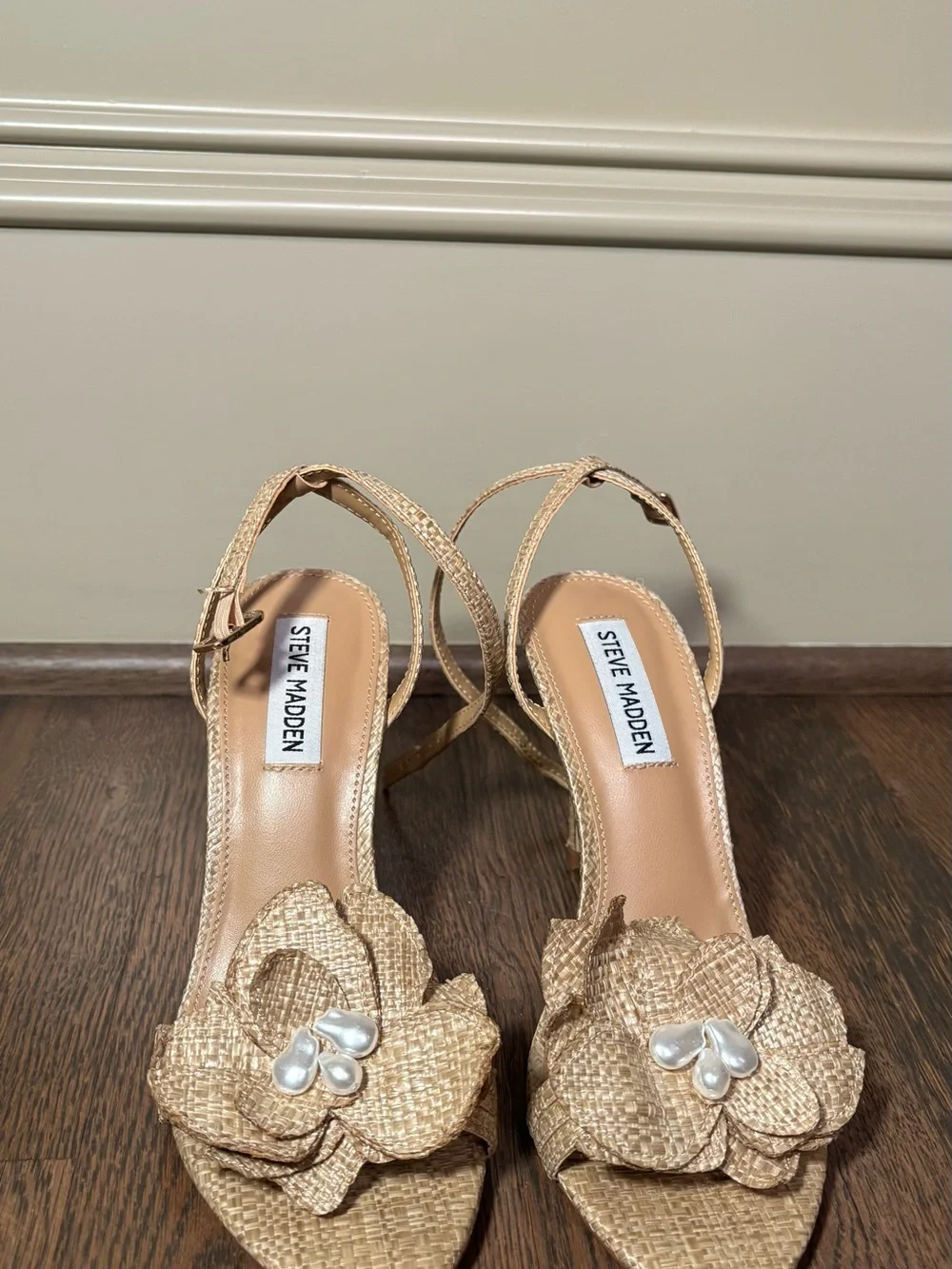 Steve Madden Tan Woven Floral Slingback Heels with Pearl Accents